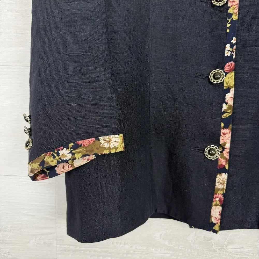 Hernando Trujillo Linen Blazer Jacket Women 8 Navy Floral‎ Trim Preppy Spring